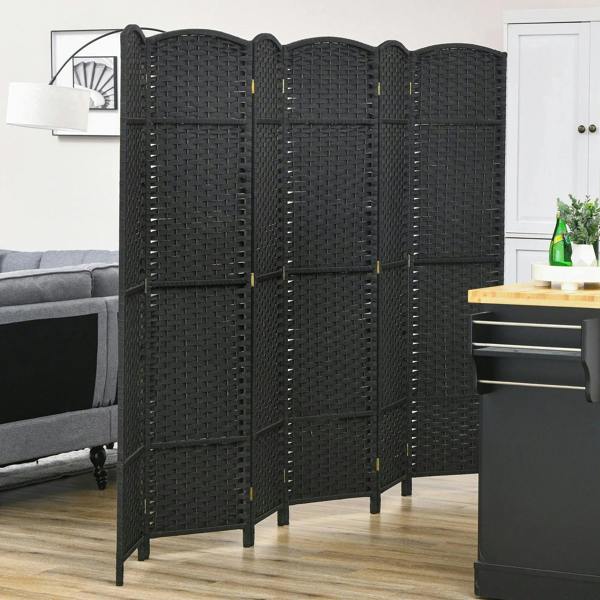 Black 6-panel folding privacy screen divider in side view with arched top edges