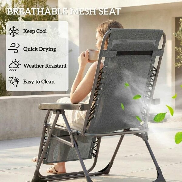 Bobobiy Zero Gravity Chairs Set of 2, Folding Sunloungers Reclining Garden Chairs with Cup Holder, Headrest, Dark Grey