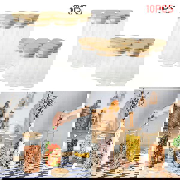 Living and Home 10pcs Glass Storage Jar Set with Bamboo Lids & Measuring Spoon