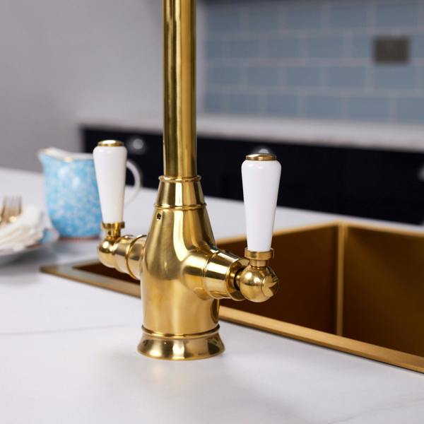 Flode Halden | Dual Lever Kitchen Sink Mixer Tap with Swivel Spout | Polished Brass Finish