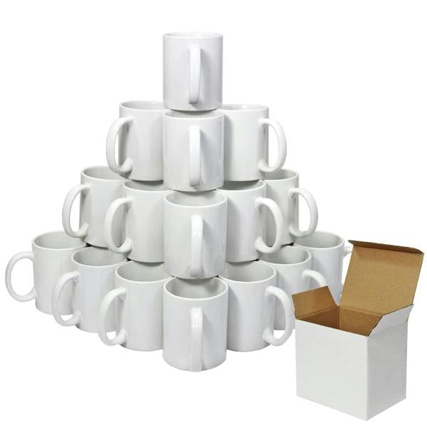 Stack of plain white ceramic mugs arranged in pyramid shape with one open cardboard shipping box beside them.
