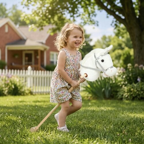 AIYAPLAY Hobby Horse with Wood Wheels, Sound for Imaginative Play, White