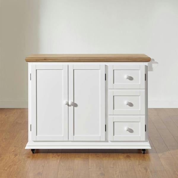 Statement Furniture Shire Breakfast Bar White Kitchen Storage Trolley with Oak Top Extendable Rolling Kitchen Island