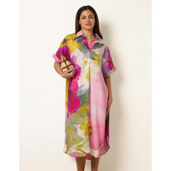 Blue Vanilla Painterly Floral Shirt Dress