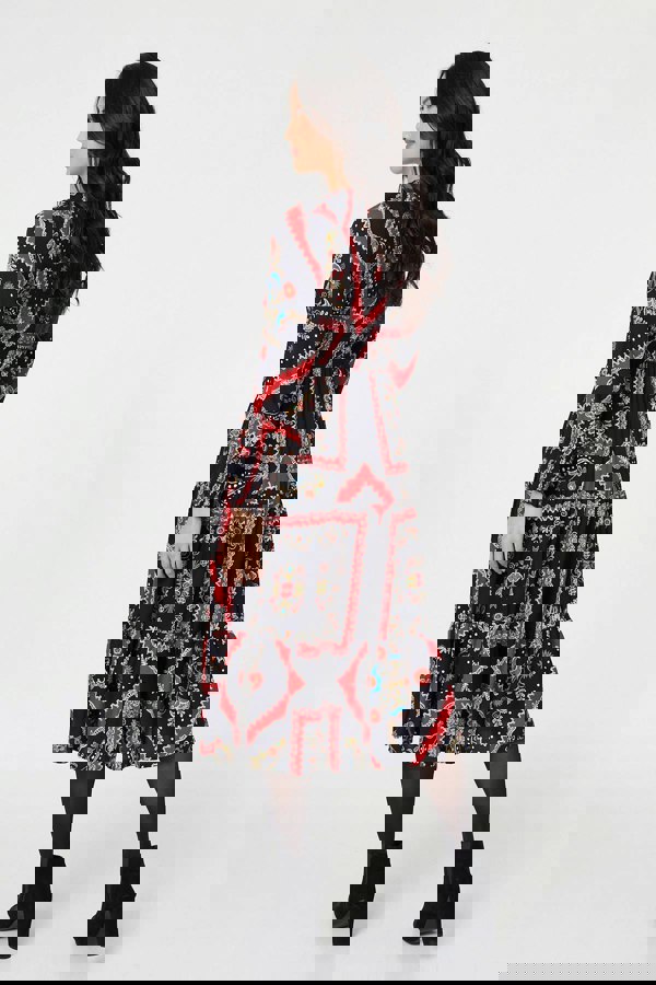 Navy | Printed Smocked Long Sleeve Midi Dress
