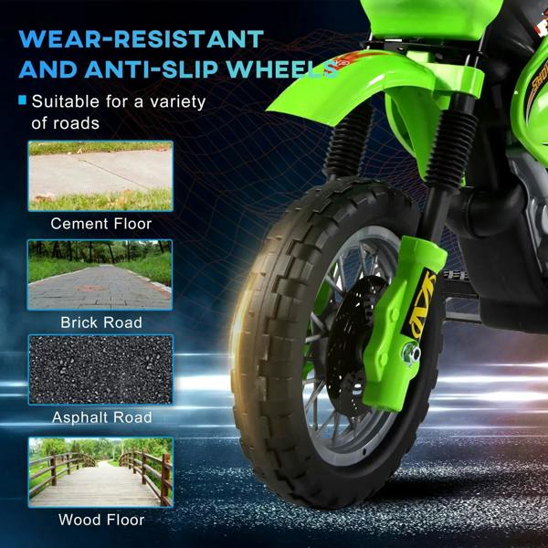 Green electric ride-on motorcycle scooter with anti-slip tread wheels and suspension