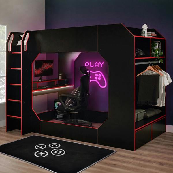 Boss Pod Small Double Gaming High Sleeper with Storage Black & Red