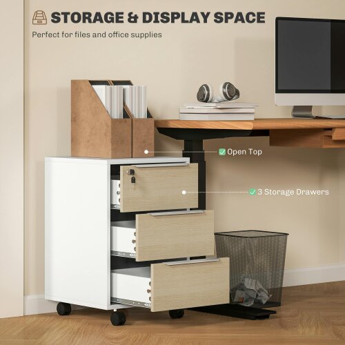 HOMCOM Modern 3-Drawer Locking File Cabinet Mobile Filing Cabinet Oak White