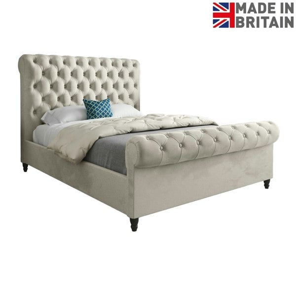 Casa Magna Sienna Sleigh Upholstered Soft Velvet Bed Frame - Cream