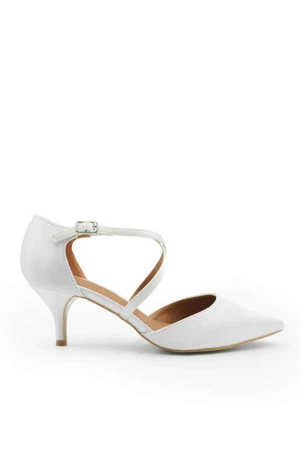 Where's That From Kennedi Wide Fit Low Kitten Heel With Crossover Strap in Off White Satin Silk