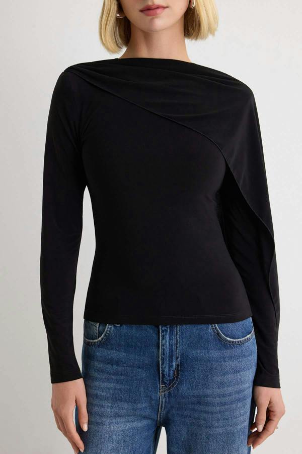 WOVCOR Fitted Boat Neck Cape Detail Long Sleeve Blouse