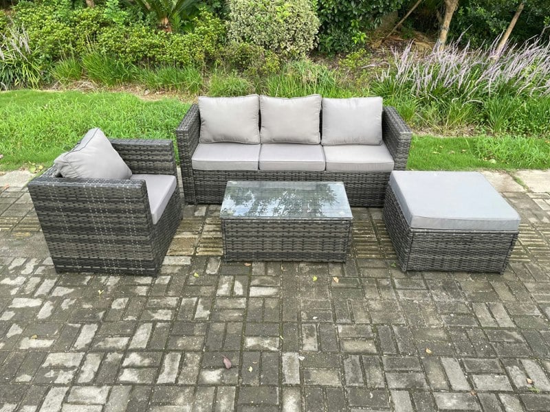 Fimous 4 PCS Outdoor Lounge Sofa Set Wicker PE Rattan Garden Furniture Set with Armchair Oblong Coffee Table Big Footstool Dark Grey Mixed