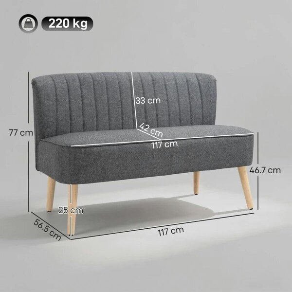 117cm Loveseat Sofa Upholstered Small 2 Seater Sofa with Thick Padded Seat and Rubber Wood Legs, Grey