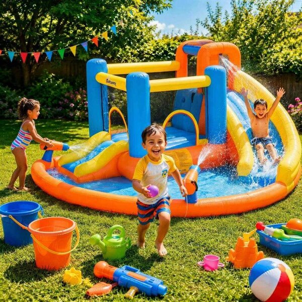 5 in 1 Bouncy Castle for Children, Inflatable Bounce House with Dual Slides, Pool, Climbing Wall, Water Cannons, Blower - Multicolour