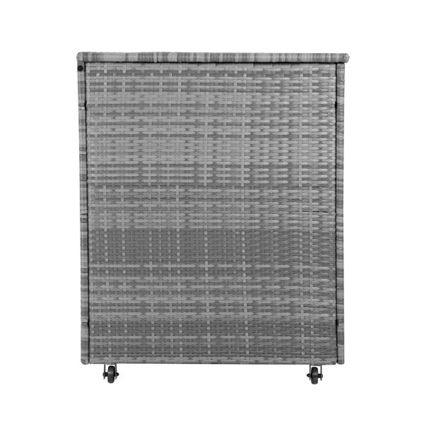 Grey rattan cushion storage box with a textured weave design, featuring a lid and wheels for easy mobility and organization