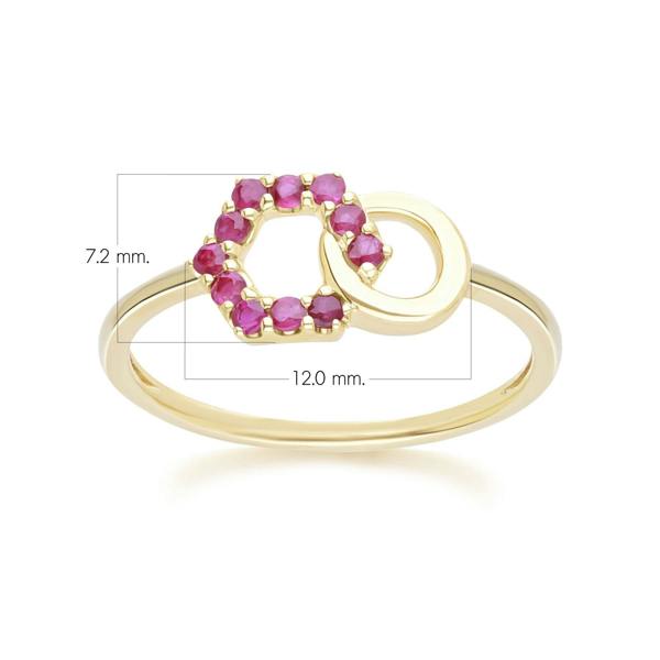 Gemondo Geometric Hexagon and Round Linked with Prong Set Ruby Ring in 9ct Yellow Gold