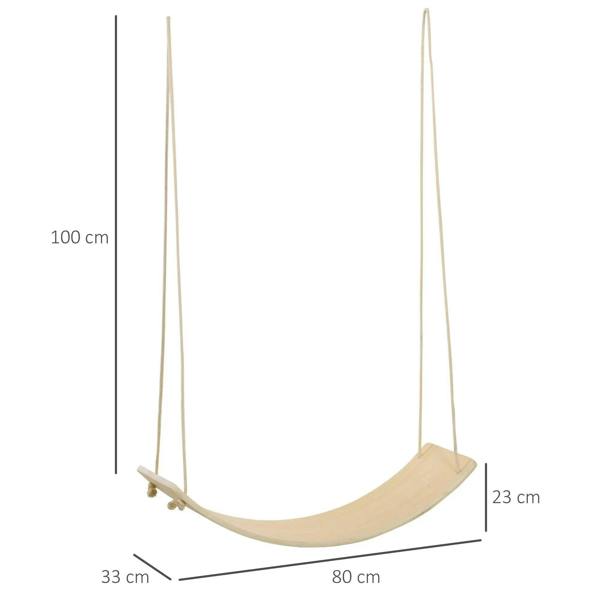 Natural wood wobble balance board with two ropes, size and thickness shown