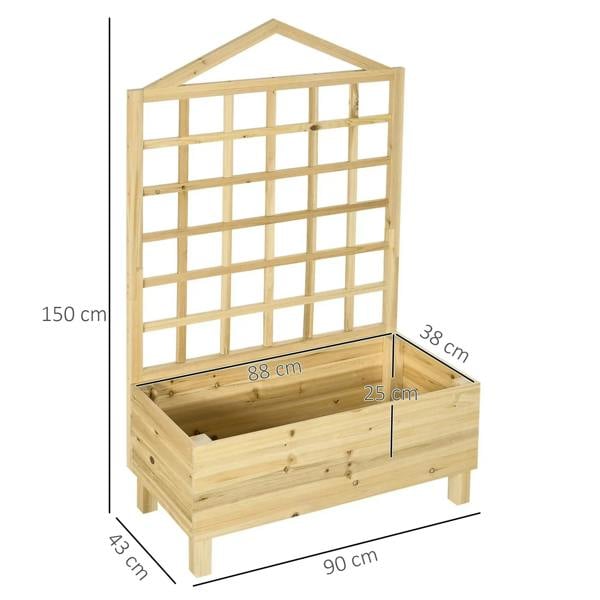 Natural wood trellis planter with raised bed, front and side measurement lines shown