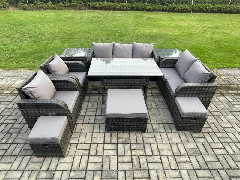 Fimous 10 Seater Garden Rattan Furniture Dining Table Sofa Set Indoor Outdoor with 2 Reclining Chairs 2 Side Tables 3 Footstools Dark Grey Mixed