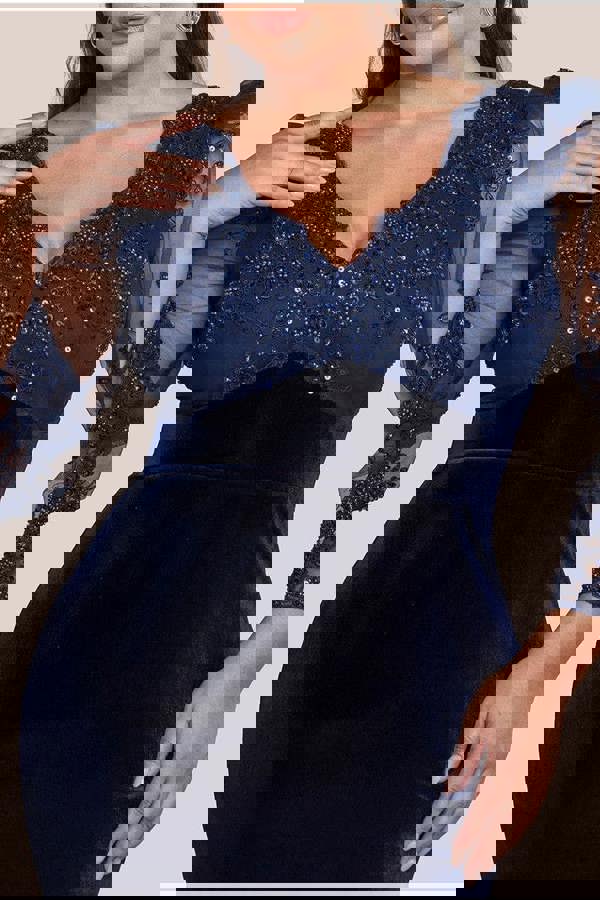 Scalloped Lace & Velvet Maxi Dress - Navy DR3972PLUS