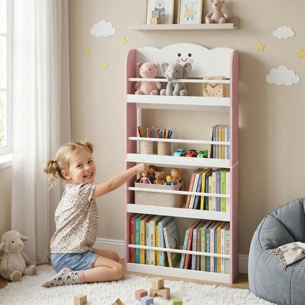 4 Tier Kids Bookshelf, Children Bookcase with Anti-Tip Kit, Toddler Space-Saving Bookcase for Kids Room, Playroom, Pink