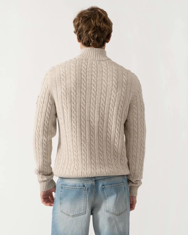 Back of Belstaff Mens Westport Quarter Zip Cable Knit Jumper - Pale Stone