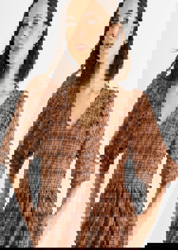 Gini London Brown Cotton Puff Sleeves V Neck Midi Dress