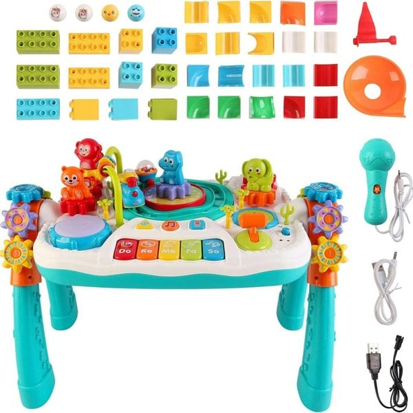 deAO Toys Children's Educational Toys 2-in-1 Multifunctional Bluetooth Learning Activity Table with Building Block Panel