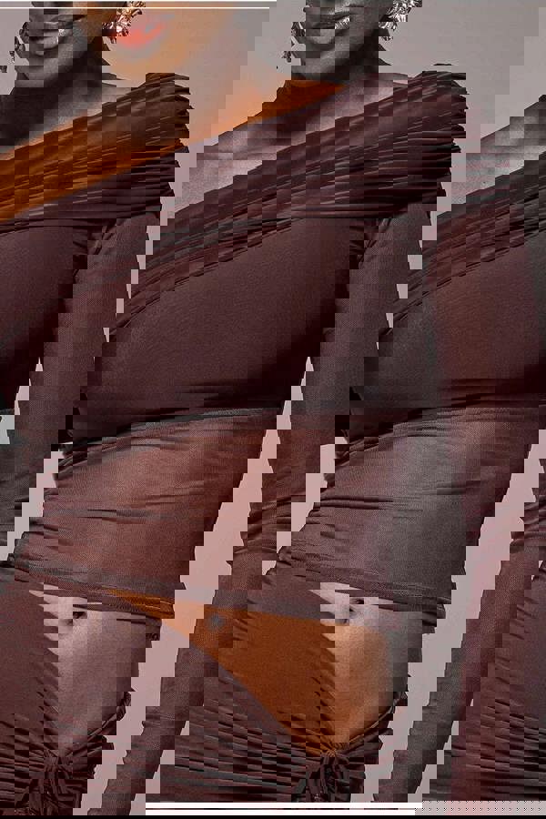 Gathered Bardot Asymmetric Mesh Panel Top - Brown T272