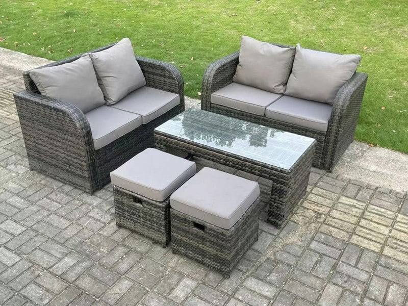Fimous Dark Grey PE Wicker Rattan Garden Furniture Set Love Sofa 2 Seater Sofa Set Outdoor Rectangular Coffee Table 6 Seater