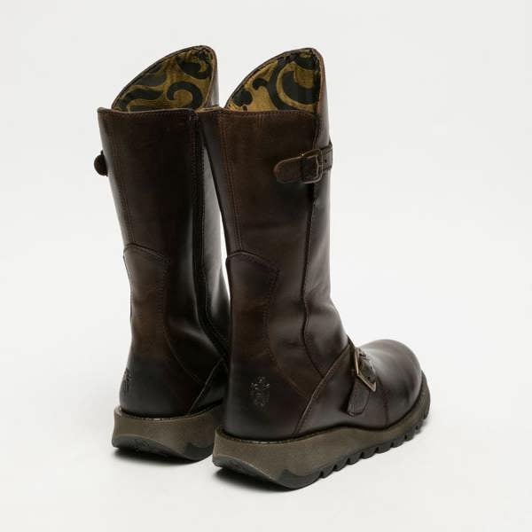 Fly London Womens Brown MES 2 Wedge Heel Buckle Mid-Calf Leather Zip Platform Boots
