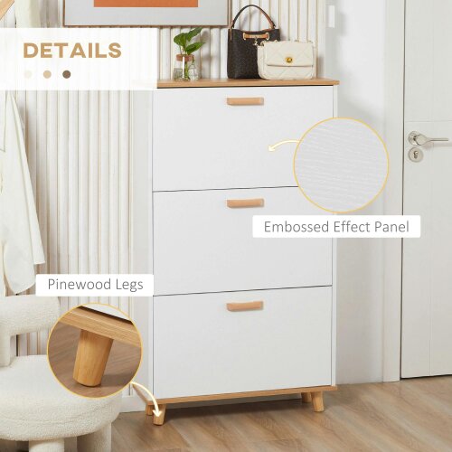 Wyld Haus Ellora Lera Wooden White and Natural Slim Shoe Cabinet With 3 Flip Drawers For 12 Pairs