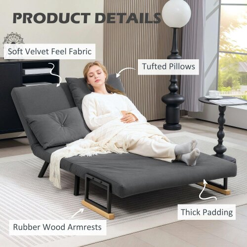 Wyld Haus Dima Velvet Dark Grey 4 In One Convertible Double Sofa Bed With Cushions and Wooden Armrests