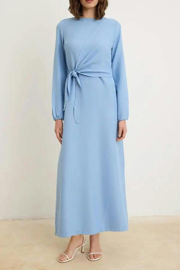WOVCOR Tie Waist Long Sleeve Maxi Dress
