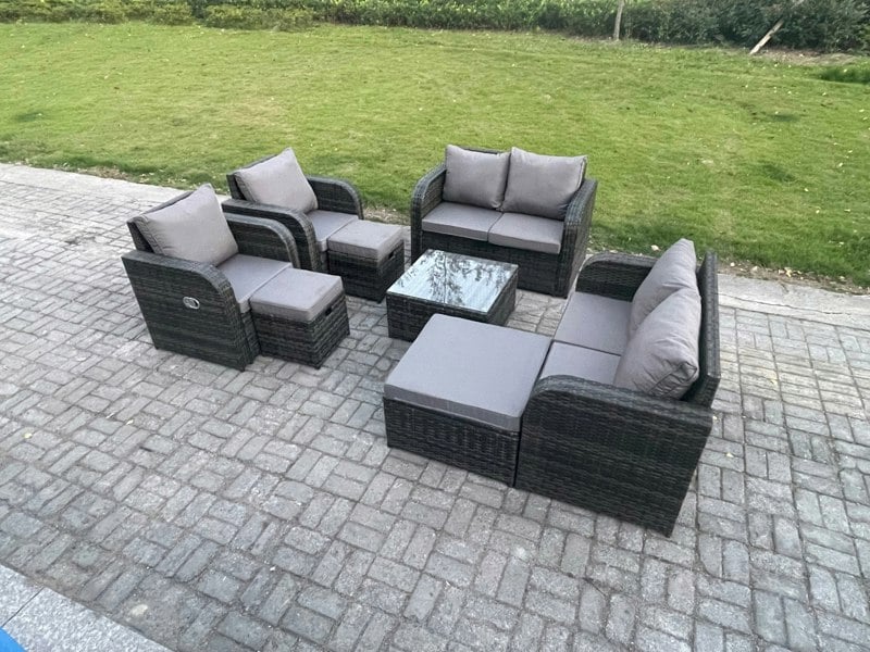 Fimous Garden Furniture Set Rattan Outdoor Lounge Sofa Chair With Tempered Glass Table 3 Footstools Dark Grey Mixed