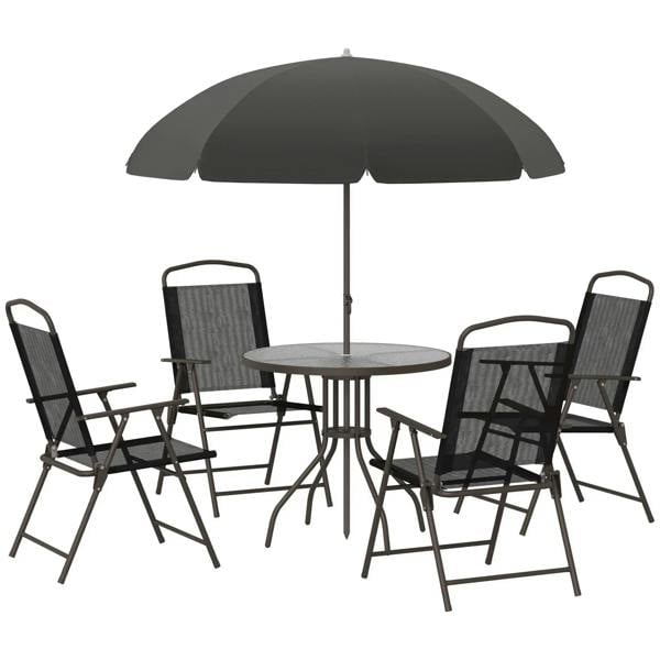Black patio dining set with round glass table, central umbrella and four folding chairs