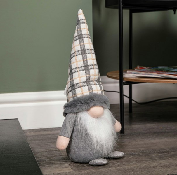 Samuel Alexander 35cm Grey Standing Christmas Gonk Decoration with Tartan Hat