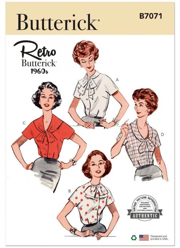Butterick Sewing Pattern 7071, Tops, Vintage Style for Women, C6 (8-10-12-14-16-18) - Easy