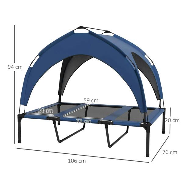 Dark blue cooling raised pet bed with canopy, showing dimensions and base