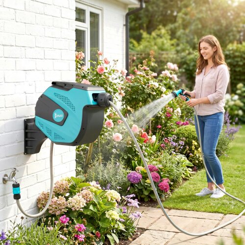 DURHAND 15M Water Hose Reel Compact Garden Car Auto Retract Spray Nozzle