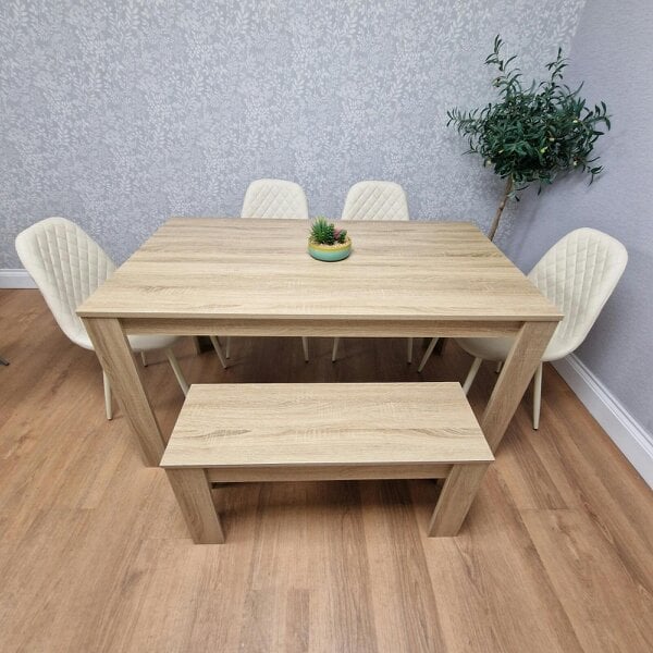 Kosy Koala Modern Oak Effect Dining Table Set With 4 Cream Plastic Chairs And Bench Dining Room Furniture