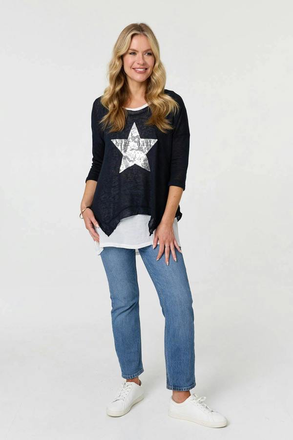 Navy | Sequin Star Front Relaxed Layered Top