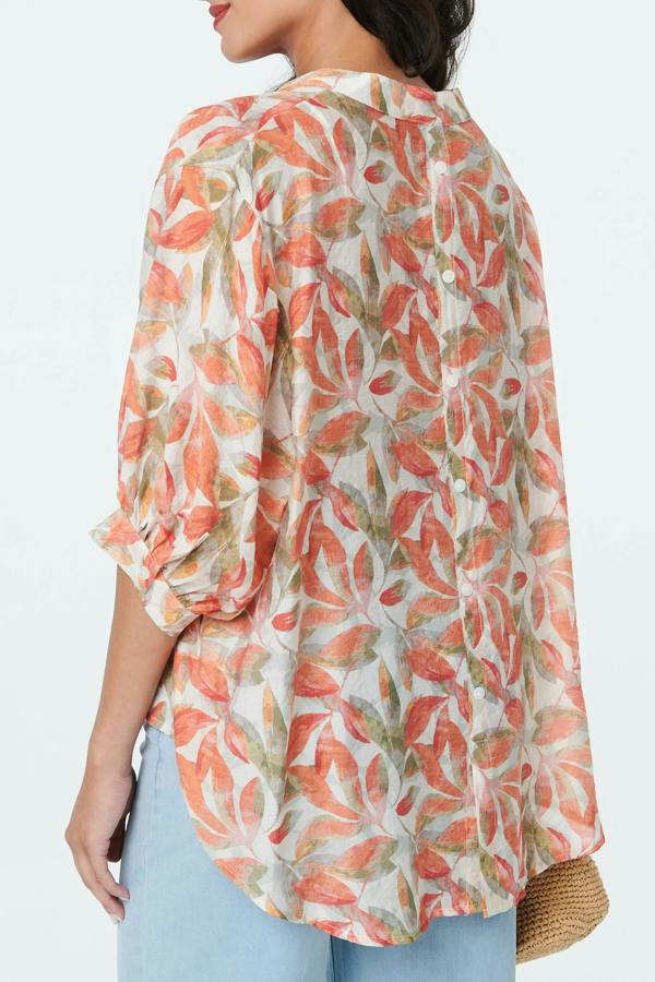 Orange | Leaf Print 3/4 Sleeve Relaxed Blouse