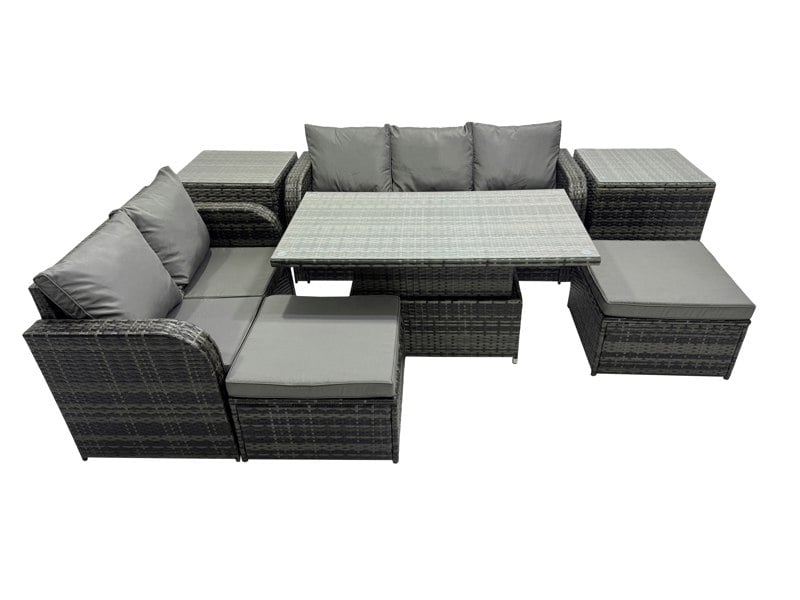 Fimous Rattan Garden Furniture Dining Set 7 seater Patio Height Adjustable Rising Lifting Table Sofa Set with 2 Side Tables Dark Grey Mixed