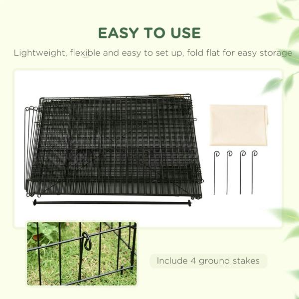 Fold-flat metal playpen with beige cover and included ground stakes