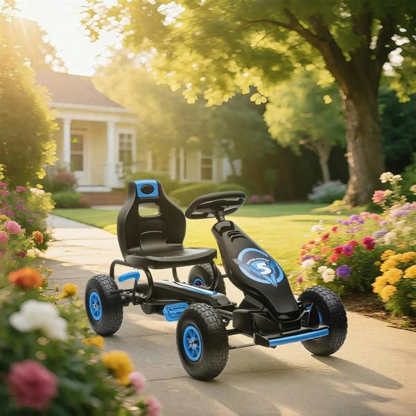 Kids pedal go kart front view, black body with blue accents and 4 blue wheels