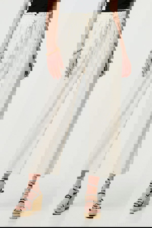 Beige | Elasticated Waist Crop Wide Leg Trousers
