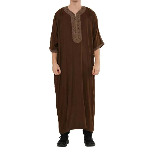 Men's Half Sleeve Embroidery Moroccan Thobe - Brown - Thobez - 21