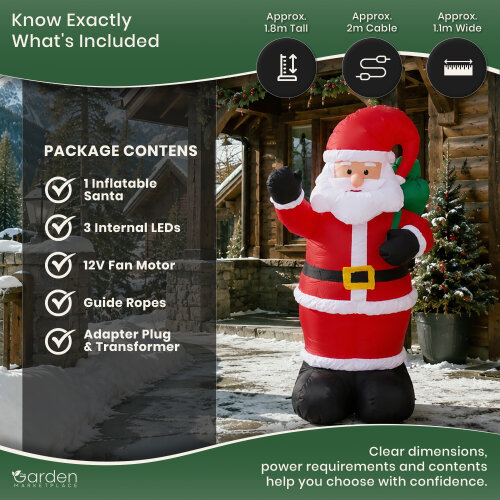 1.8m Inflatable Father Christmas Santa with 3 Internal LED Lights, 12V Fan Motor, Guide Ropes and Transformer, Indoor/Outdoor Christmas Decoration