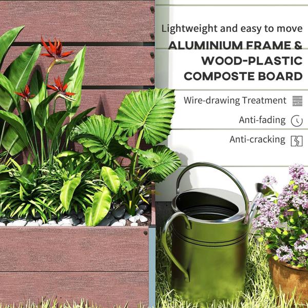 Brown trellis planter box with wood-plastic board appearance and plants on top